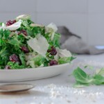 kale and brussel sprout salad with cranberries in a bowl with parmesan cheese