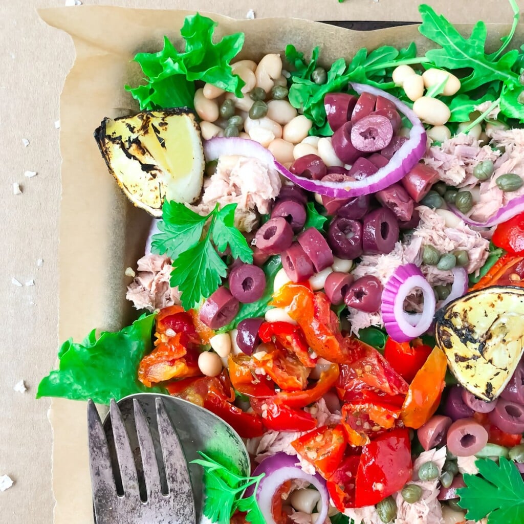 Mediterranean white bean salad recipe with a charred lemon vinaigrette.