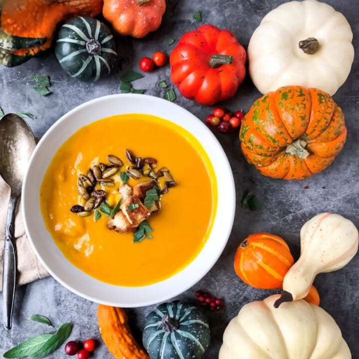 Squash soup in a white bowl with pumpkins and gourds on the side.