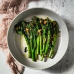Roasted tenderstem broccoli on a serving plate